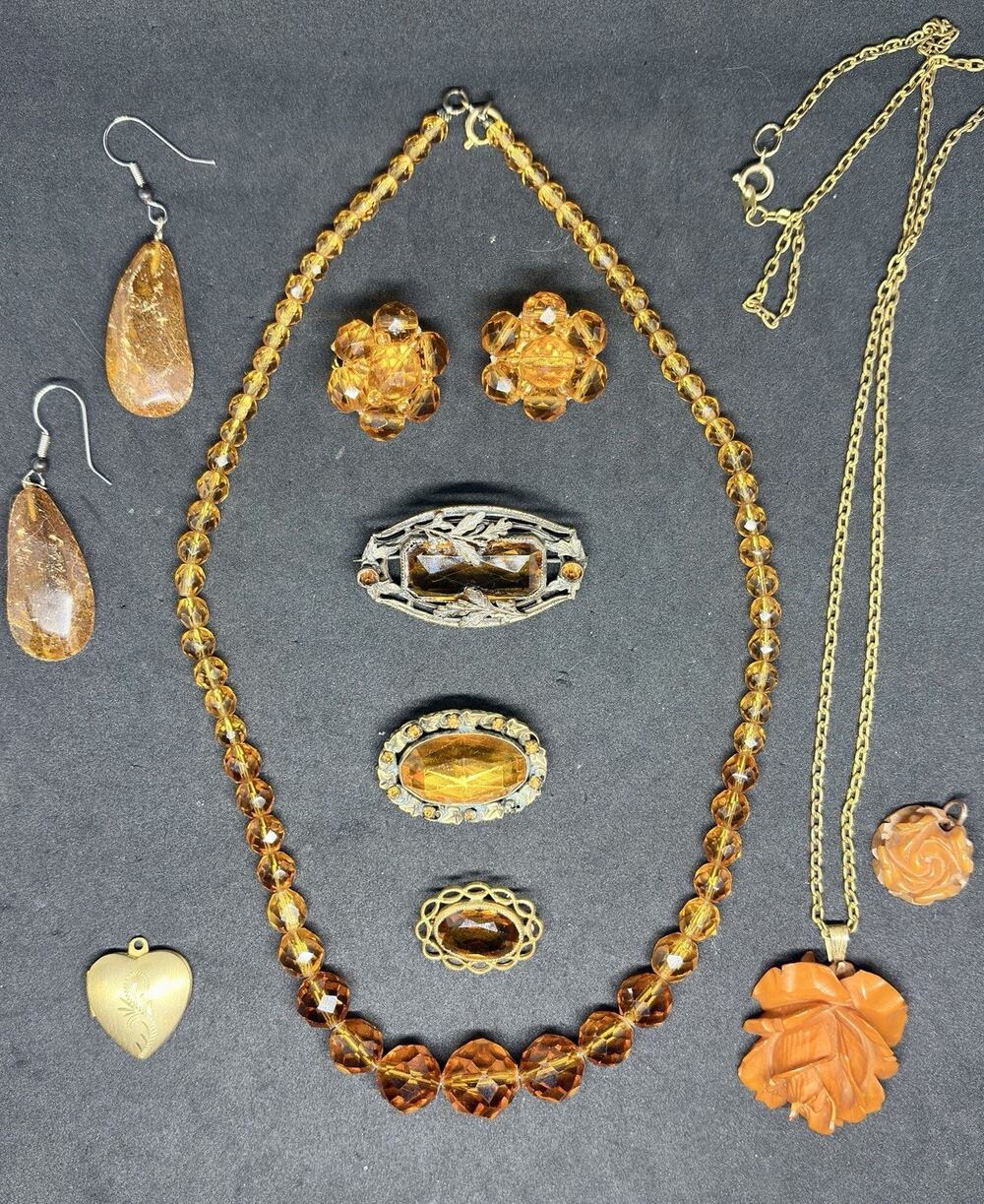 Vintage Victorian Czech Citrine Crystal Amber Bakelite Gold Locket Jewlery Lot
